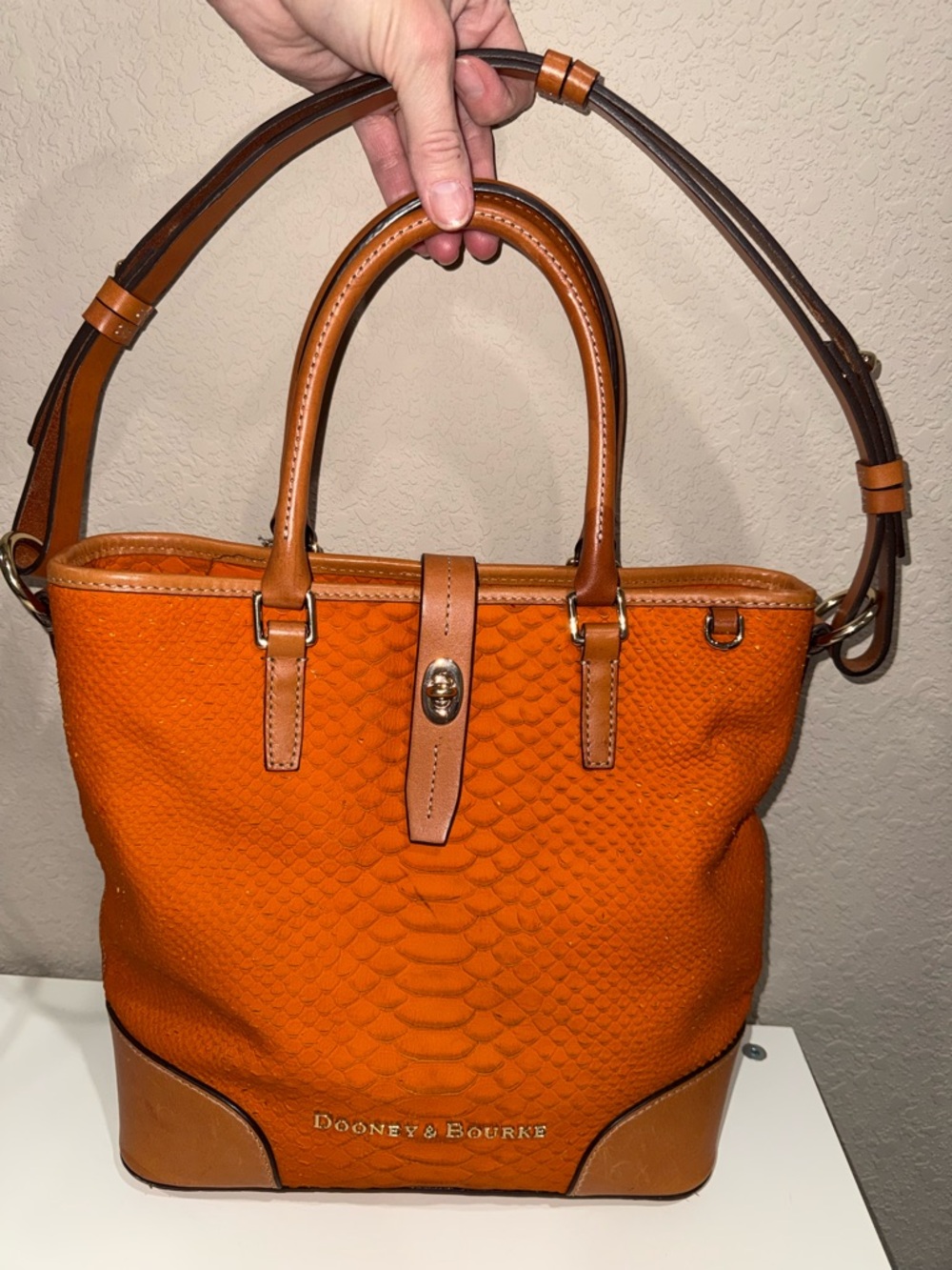 Dooney & Bourke Bright Orange Textured Leather Tote with Tan Trim